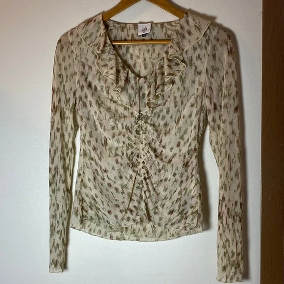 CAbi Cream and Brown Patterned Ruffle Blouse - Picture 1 of 9